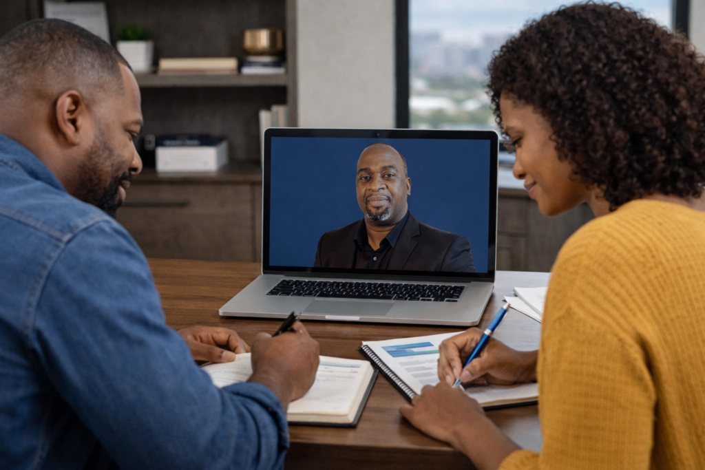 AI Image of Anthony Gladney on a Zoom Meeting with Couple